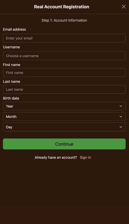 Cocoa Casino registration first step form