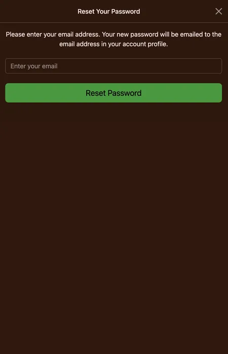 Cocoa Casino password reset screen